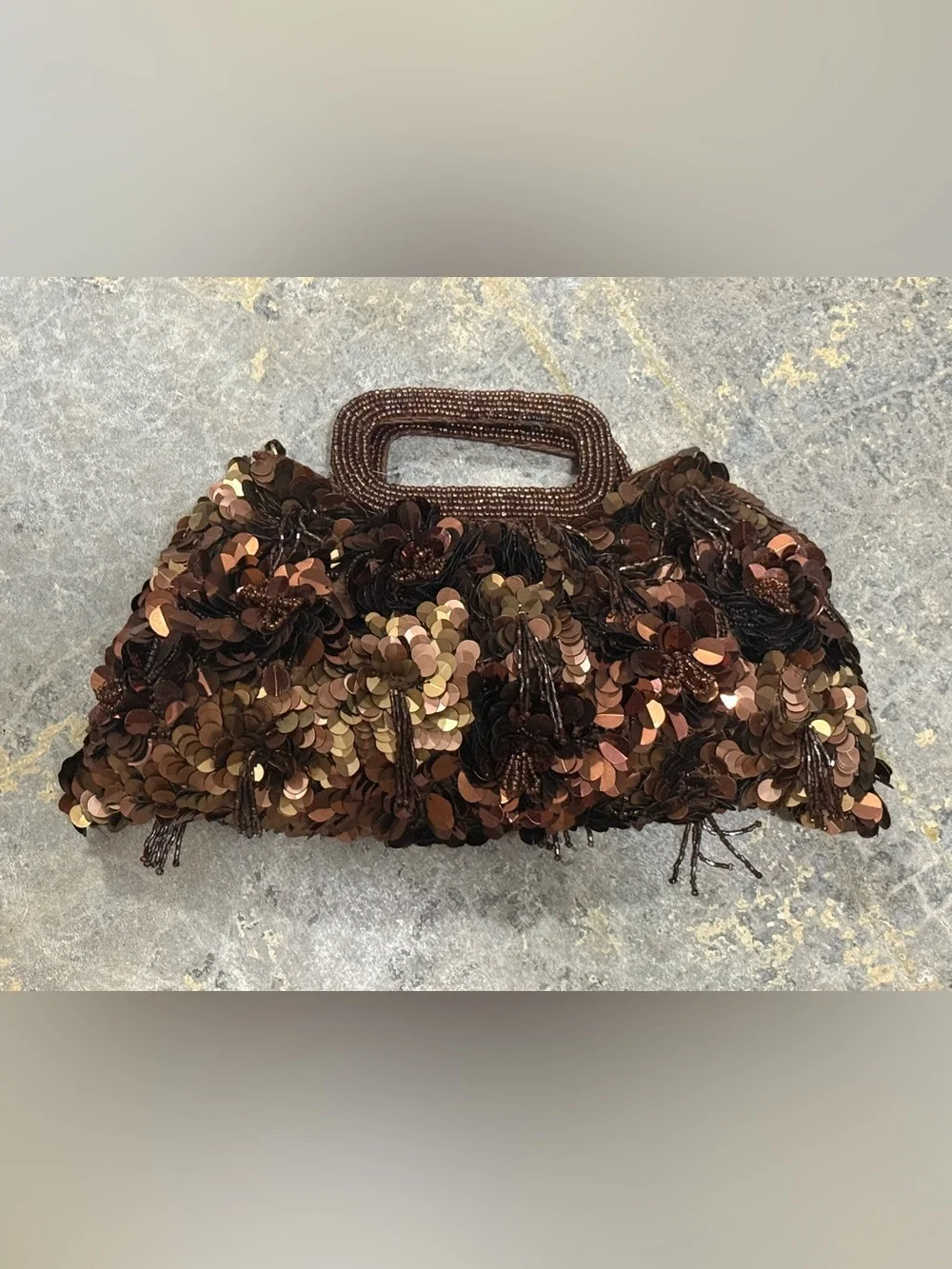 Source Unknown Brown Sequined Floral Evening Clutch with Gold Chain
